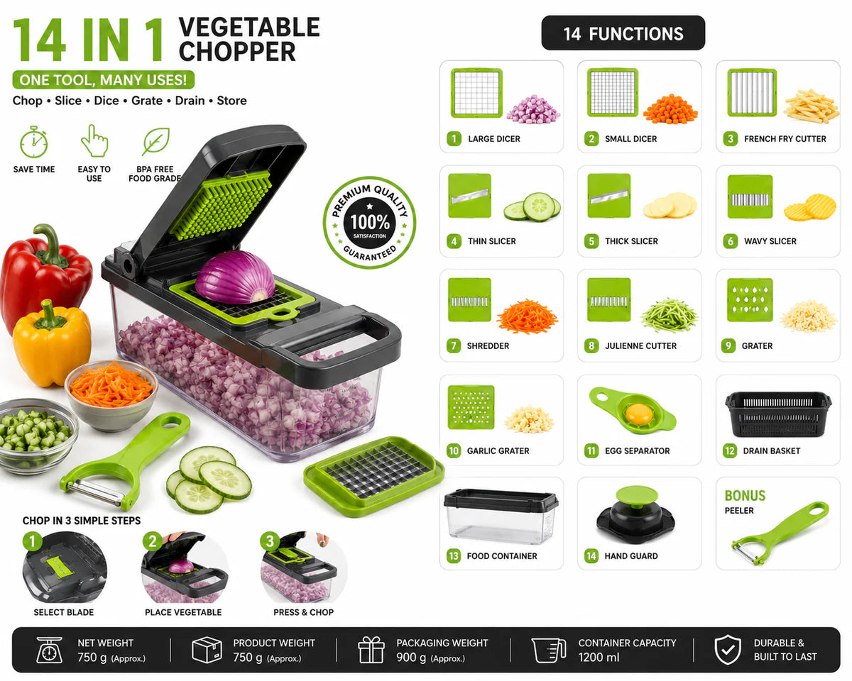 Multipurpose Chopper, Fruits & Vegetable Cutters, Grater Peeler Chipser, Unbreakable Food Grade Body, Easy Push to Clean Button Slicer Dicer, Chopper for Kitchen (Green, Plastic)