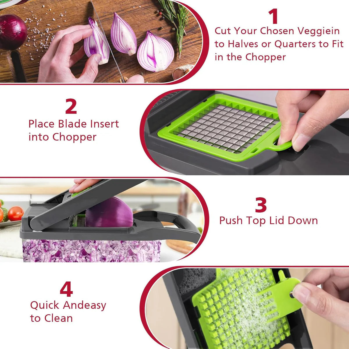 Multipurpose Chopper, Fruits & Vegetable Cutters, Grater Peeler Chipser, Unbreakable Food Grade Body, Easy Push to Clean Button Slicer Dicer, Chopper for Kitchen (Green, Plastic)