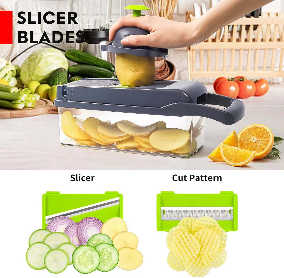 Multipurpose Chopper, Fruits & Vegetable Cutters, Grater Peeler Chipser, Unbreakable Food Grade Body, Easy Push to Clean Button Slicer Dicer, Chopper for Kitchen (Green, Plastic)